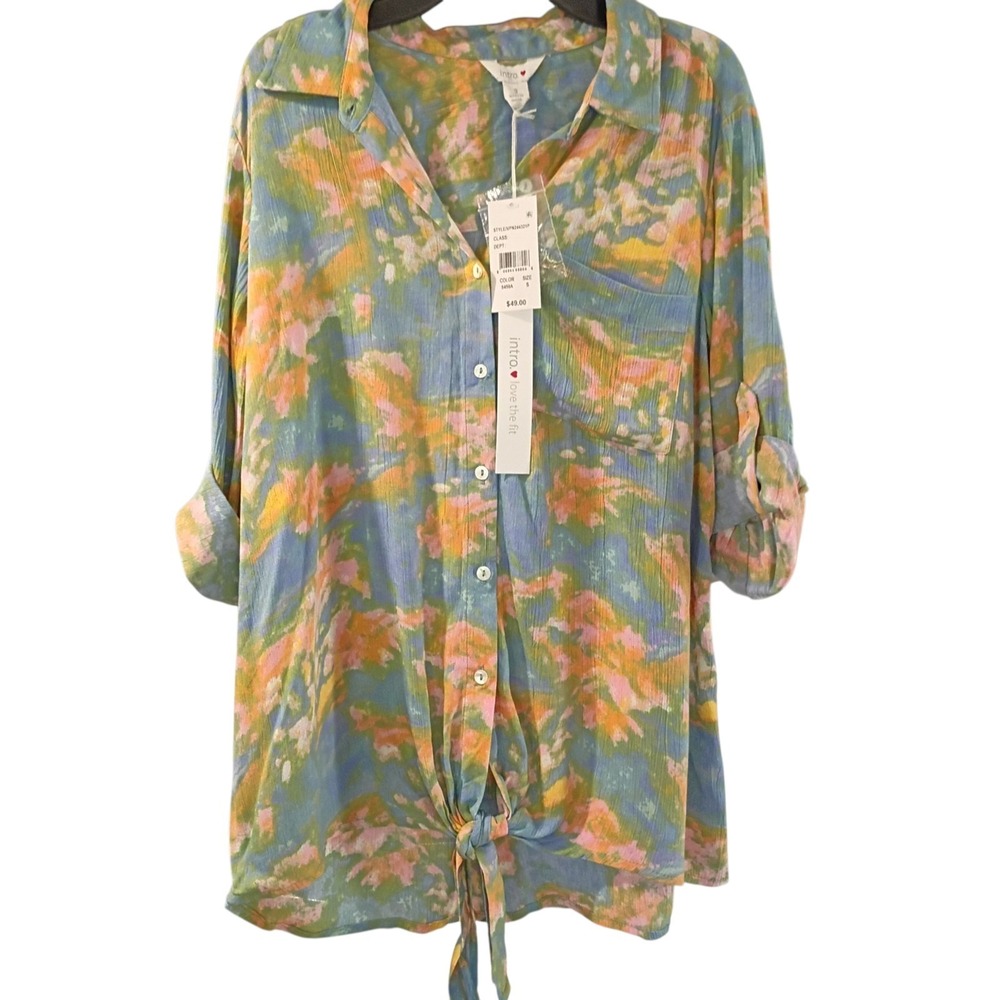 Intro NWT Women's Button Up Top‎ Size Small 100% Cotton Pastel Color Tie Front